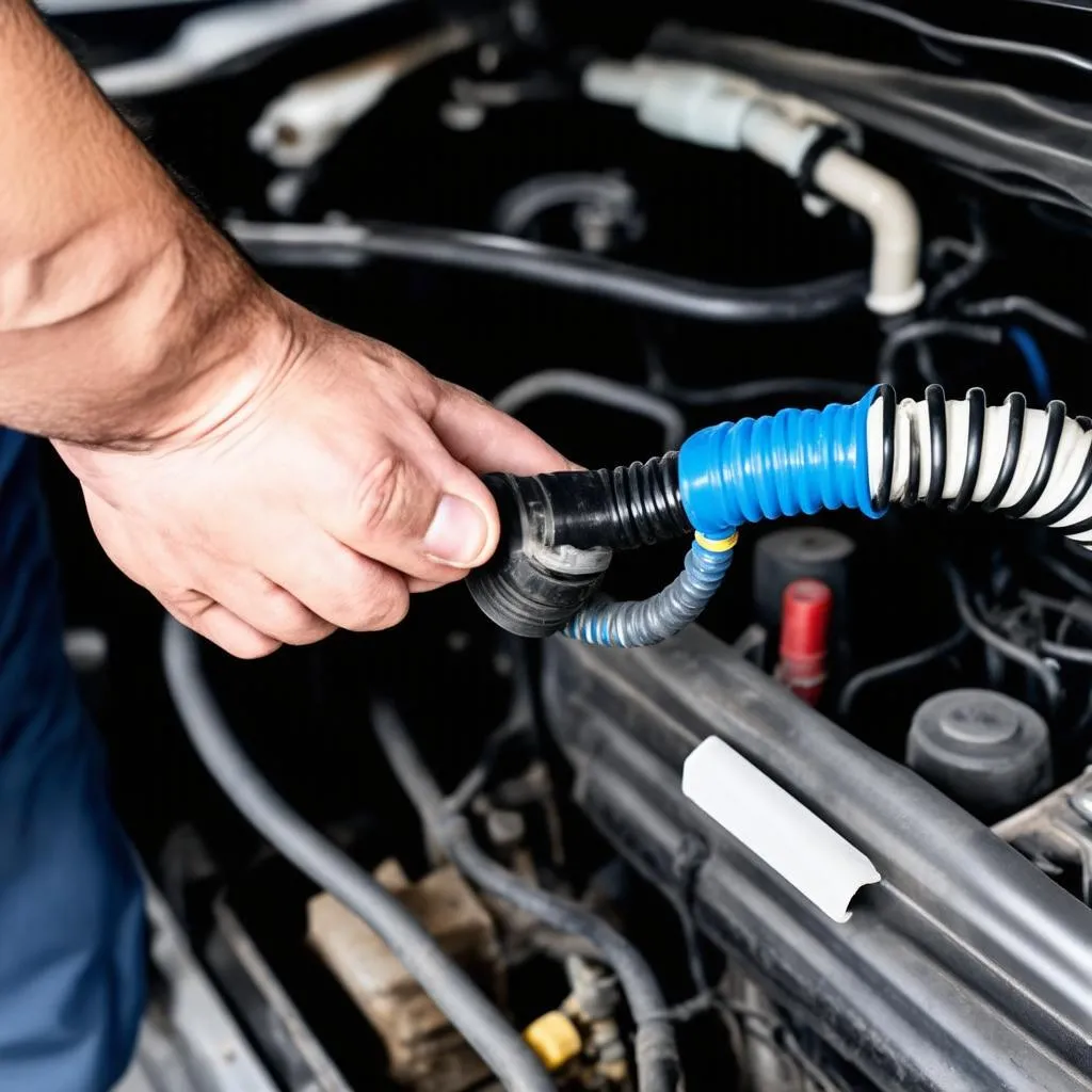 Car Air Conditioner Recharge Hose in Use